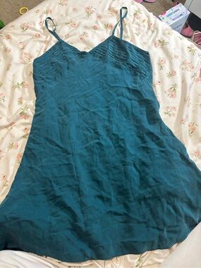 Teal Satin Slip Dress with Delicate Pleated Bust